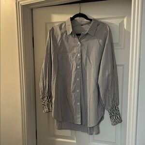 Classic Striped Button Down Women’s Blouse with Ruffle Sleeves